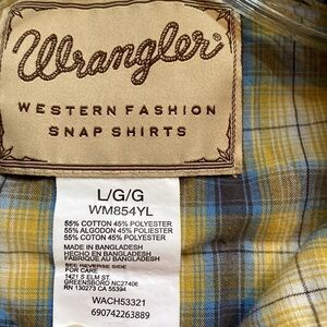 Wrangler Western Pearl Snap Shirt L/S Sawtooth Pockets Yellow Blue Gray Plaid L